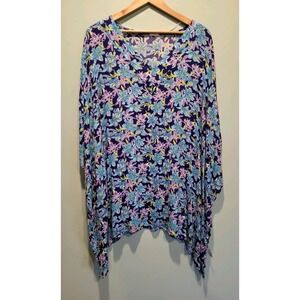 Maui Mamas Blue Purple Floral Poncho Style Swimsuit Cover Up Top One Size Flirty